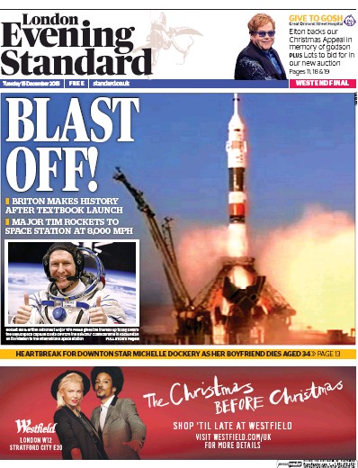 London Evening Standard Newspaper Front Page (UK) for 16 December 2015