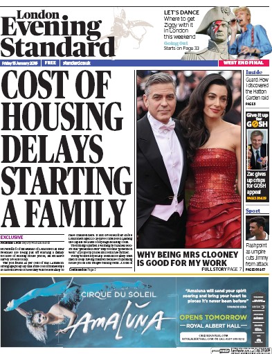 London Evening Standard Newspaper Front Page (UK) for 16 January 2016