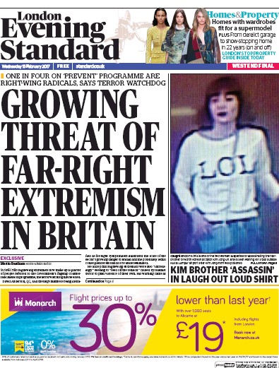 London Evening Standard Newspaper Front Page (UK) for 16 February 2017