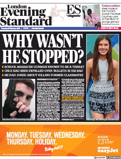 London Evening Standard Newspaper Front Page (UK) for 16 February 2018