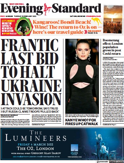 London Evening Standard Newspaper Front Page (UK) for 16 February 2022