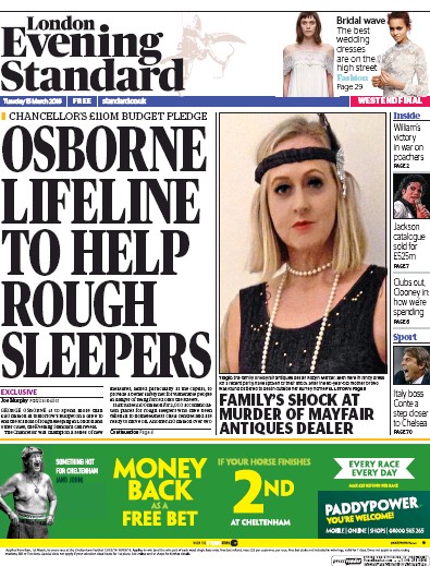 London Evening Standard Newspaper Front Page (UK) for 16 March 2016