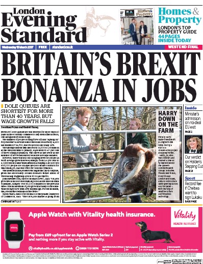 London Evening Standard Newspaper Front Page (UK) for 16 March 2017