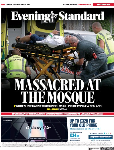 London Evening Standard Newspaper Front Page (UK) for 16 March 2019