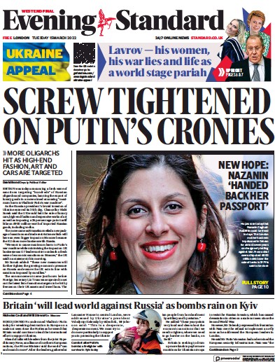 London Evening Standard Newspaper Front Page (UK) for 16 March 2022