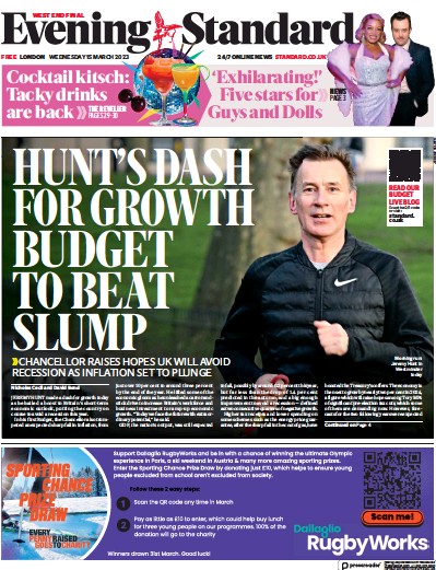 London Evening Standard Newspaper Front Page (UK) for 16 March 2023