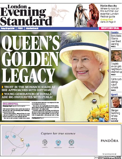 London Evening Standard Newspaper Front Page (UK) for 16 April 2016