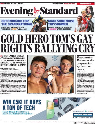 London Evening Standard Newspaper Front Page (UK) for 16 April 2018