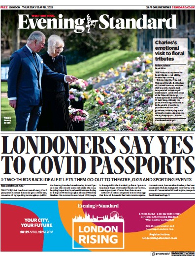 London Evening Standard Newspaper Front Page (UK) for 16 April 2021