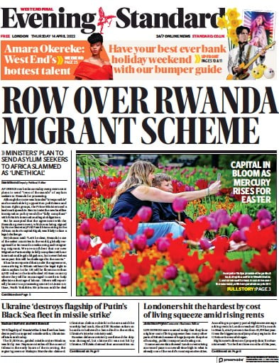 London Evening Standard Newspaper Front Page (UK) for 16 April 2022