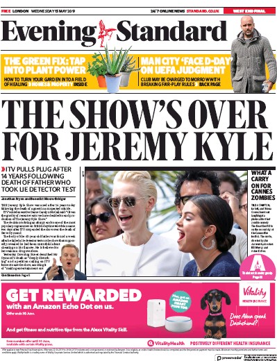 London Evening Standard Newspaper Front Page (UK) for 16 May 2019