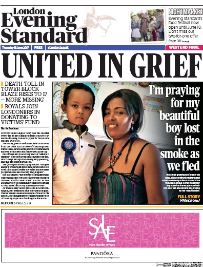 London Evening Standard Newspaper Front Page (UK) for 16 June 2017