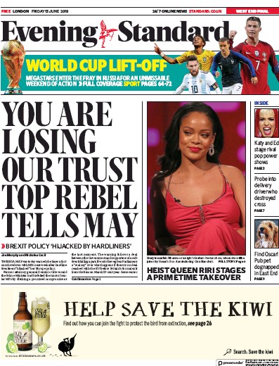London Evening Standard Newspaper Front Page (UK) for 16 June 2018