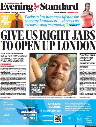 London Evening Standard Newspaper Front Page (UK) for 16 June 2021
