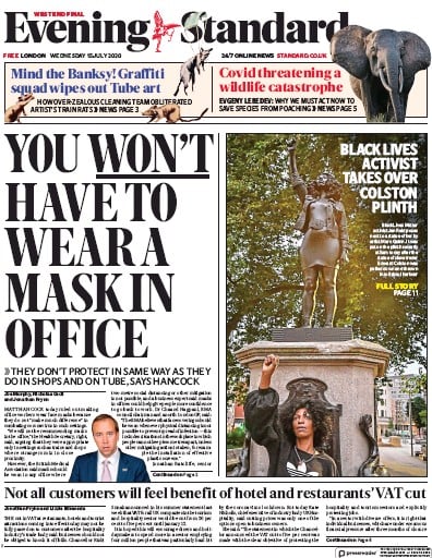 London Evening Standard Newspaper Front Page (UK) for 16 July 2020