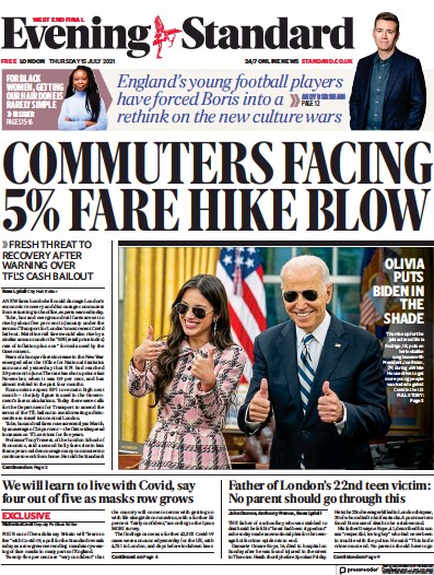 London Evening Standard Newspaper Front Page (UK) for 16 July 2021