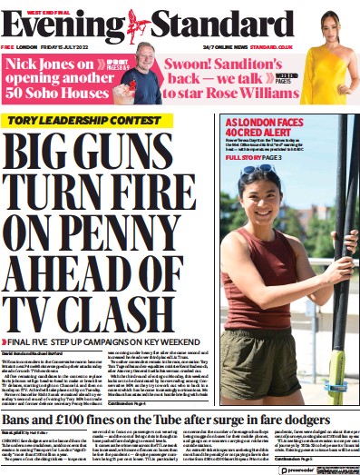 London Evening Standard Newspaper Front Page (UK) for 16 July 2022