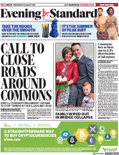London Evening Standard Newspaper Front Page (UK) for 16 August 2018
