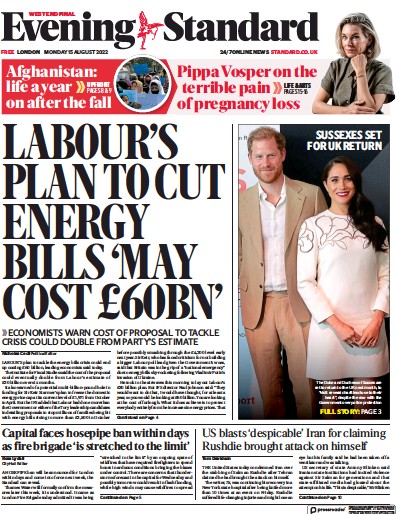 London Evening Standard Newspaper Front Page (UK) for 16 August 2022