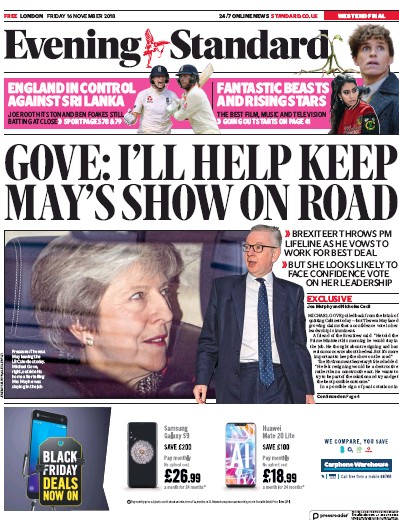 London Evening Standard Newspaper Front Page (UK) for 17 November 2018