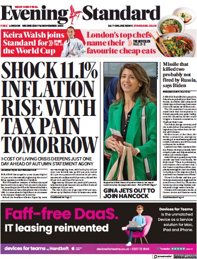 London Evening Standard Newspaper Front Page (UK) for 17 November 2022