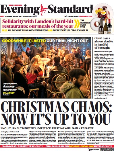 London Evening Standard Newspaper Front Page (UK) for 17 December 2020
