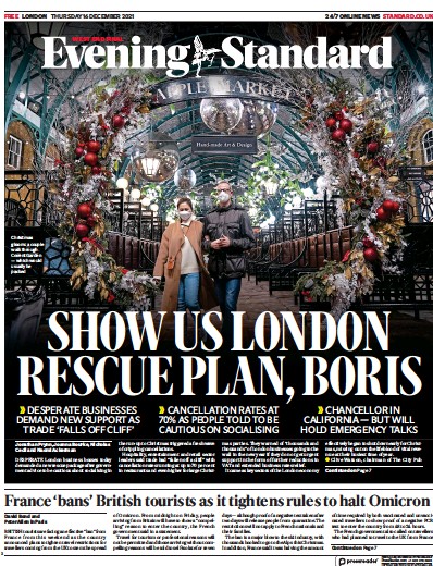 London Evening Standard Newspaper Front Page (UK) for 17 December 2021