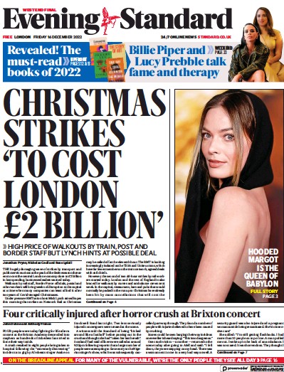 London Evening Standard Newspaper Front Page (UK) for 17 December 2022