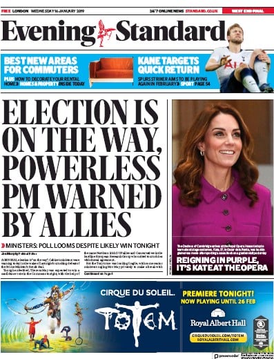 London Evening Standard Newspaper Front Page (UK) for 17 January 2019