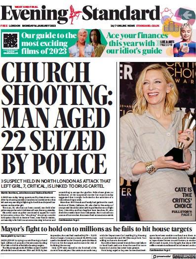 London Evening Standard Newspaper Front Page (UK) for 17 January 2023