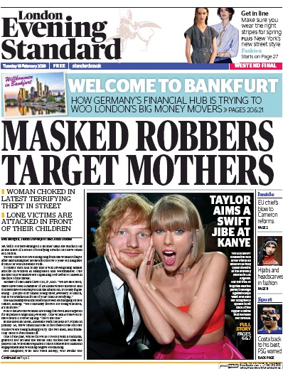 London Evening Standard Newspaper Front Page (UK) for 17 February 2016