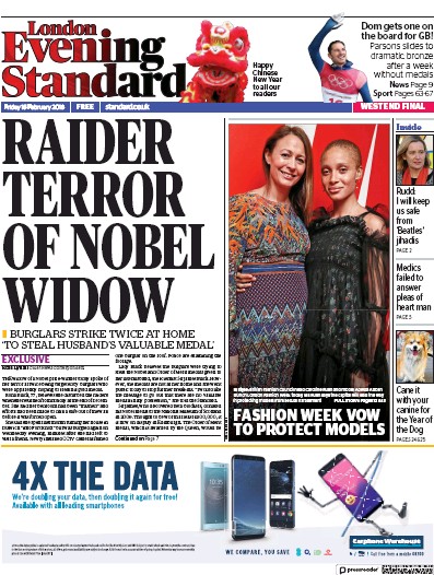 London Evening Standard Newspaper Front Page (UK) for 17 February 2018