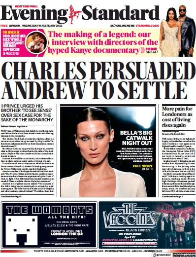 London Evening Standard Newspaper Front Page (UK) for 17 February 2022