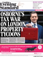 London Evening Standard (UK) Newspaper Front Page for 17 March 2016