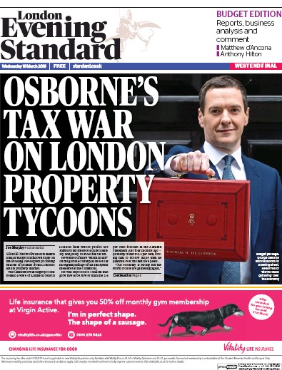 London Evening Standard Newspaper Front Page (UK) for 17 March 2016