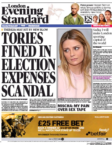 London Evening Standard Newspaper Front Page (UK) for 17 March 2017