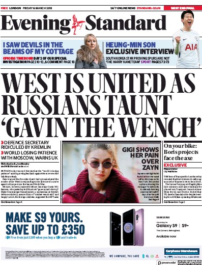 London Evening Standard Newspaper Front Page (UK) for 17 March 2018