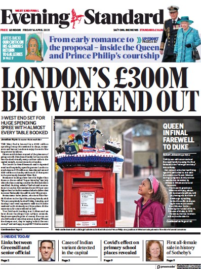 London Evening Standard Newspaper Front Page (UK) for 17 April 2021