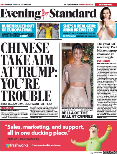 London Evening Standard Newspaper Front Page (UK) for 17 May 2019
