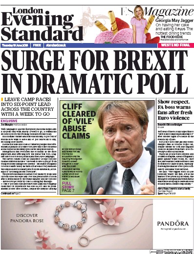 London Evening Standard Newspaper Front Page (UK) for 17 June 2016