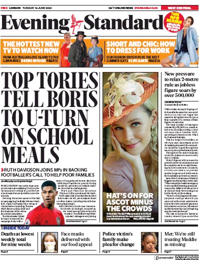 London Evening Standard Newspaper Front Page (UK) for 17 June 2020