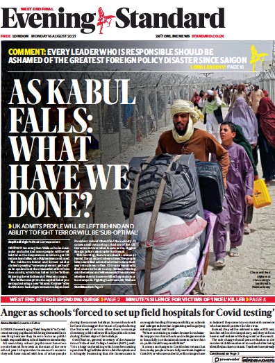 London Evening Standard Newspaper Front Page (UK) for 17 August 2021