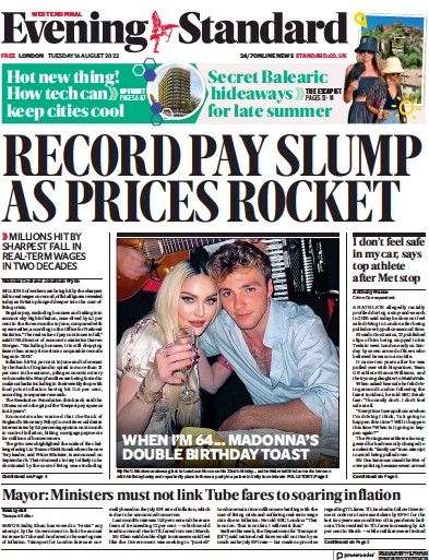 London Evening Standard Newspaper Front Page (UK) for 17 August 2022