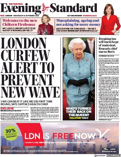 London Evening Standard Newspaper Front Page (UK) for 17 September 2020