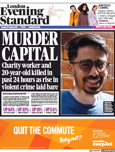 London Evening Standard Newspaper Front Page (UK) for 18 October 2017