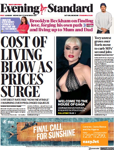 London Evening Standard Newspaper Front Page (UK) for 18 November 2021