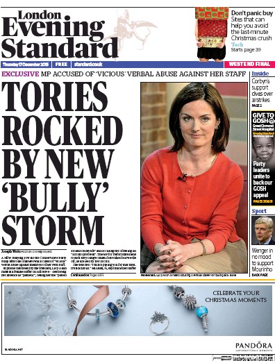 London Evening Standard Newspaper Front Page (UK) for 18 December 2015