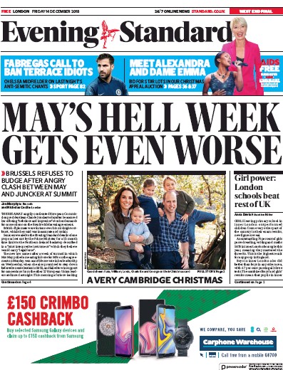 London Evening Standard Newspaper Front Page (UK) for 18 December 2018