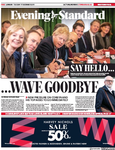 London Evening Standard Newspaper Front Page (UK) for 18 December 2019