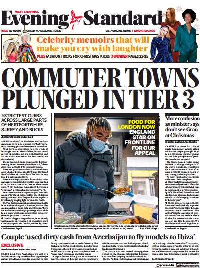 London Evening Standard Newspaper Front Page (UK) for 18 December 2020